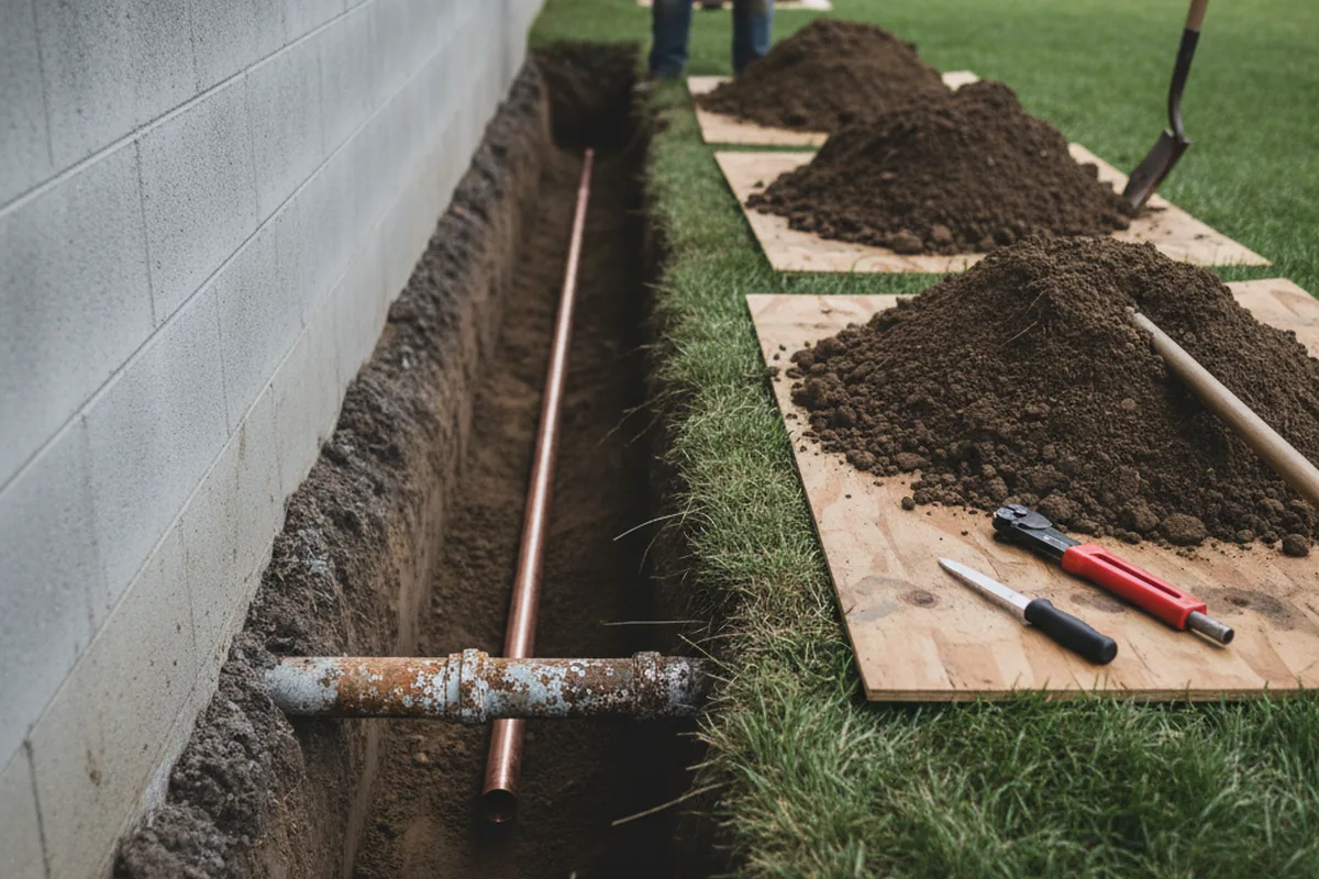Excavated water line trench during Sewer Line Repair in South Boston